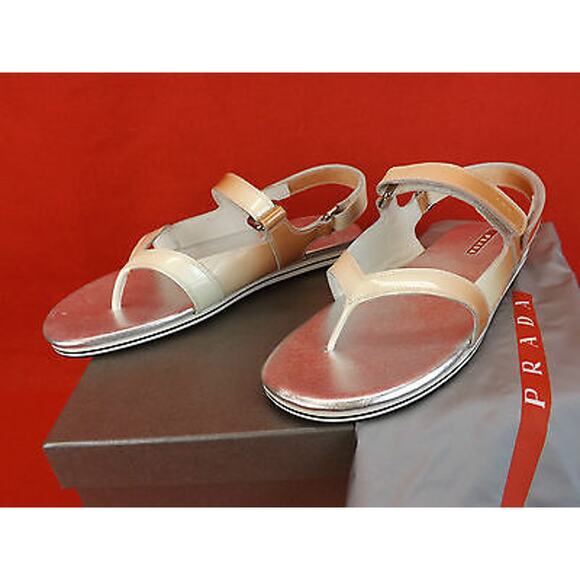 PRADA PATENT OMBRE LEATHER FLATS TWO TONES GLADIATOR LOGO THONG SANDALS 37.5 - Picture 11 of 12